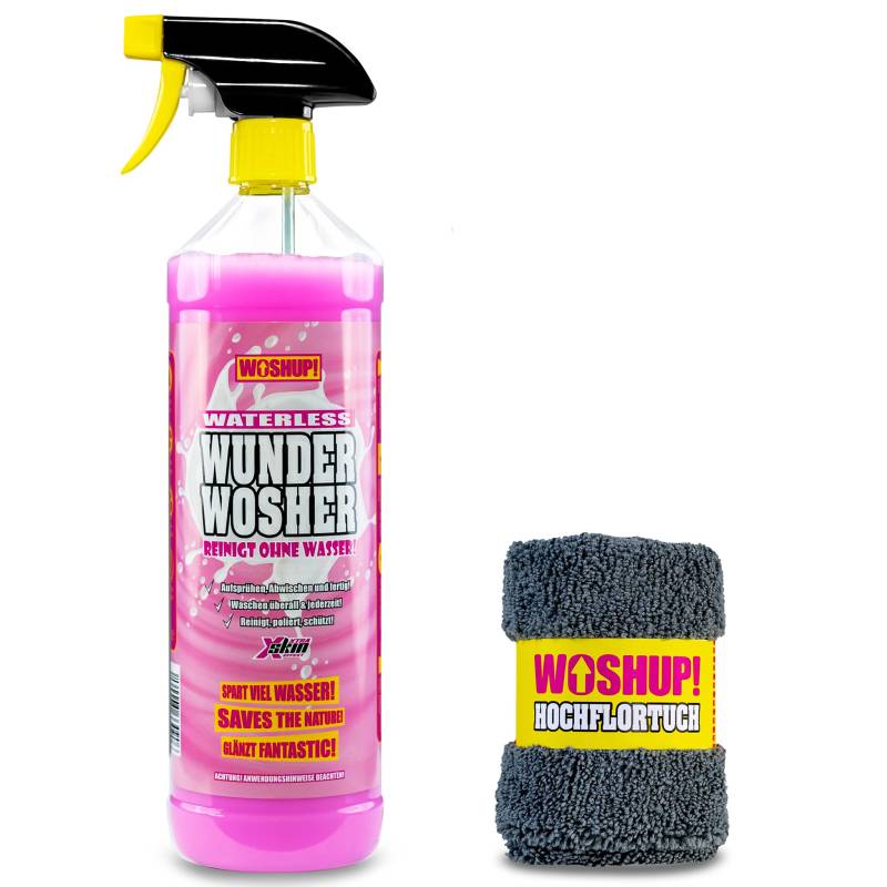 WOSHUP! Waterless Wunder Wosher Auto Trockenreiniger Xtra Skin Schutzfilm 1000 ml Wasserlos Reinigen Auto Ohne Wasser für Wohnwagen, Wohnmobil, Auto, Motorrad und Boot (1 Liter + Tuch) von WOSHUP!