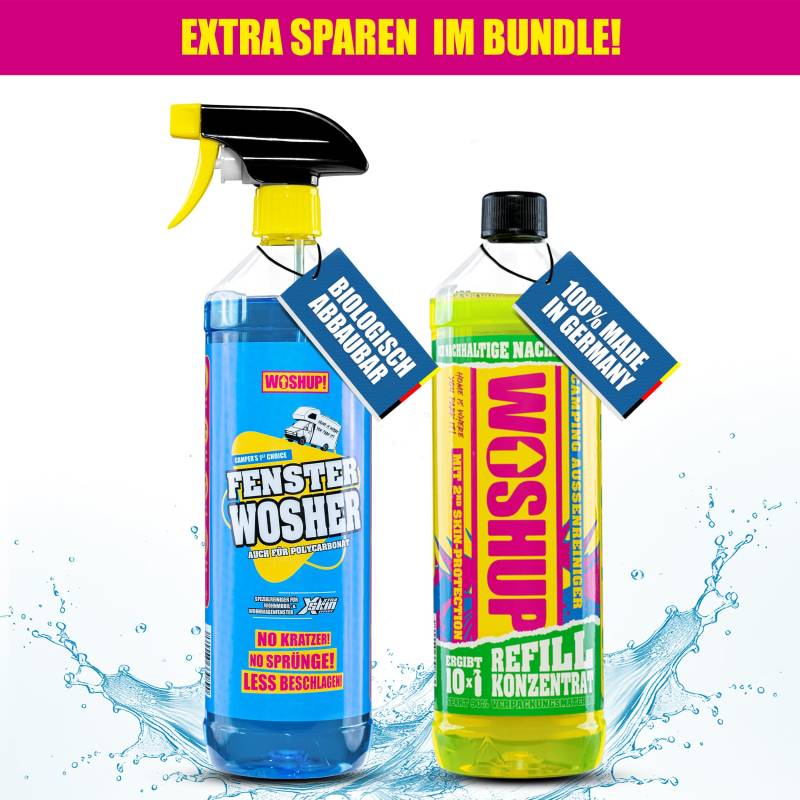 WOSHUP! Wohnwagen/Wohnmobil-Reiniger mit Xtra Skin Effect - 1000 ml – Außenreiniger - Konzentrat für Camping, Caravan, Vorzelt, Markise, GFK und Aluminium. (1 Liter + Fensterwosher) von WOSHUP!