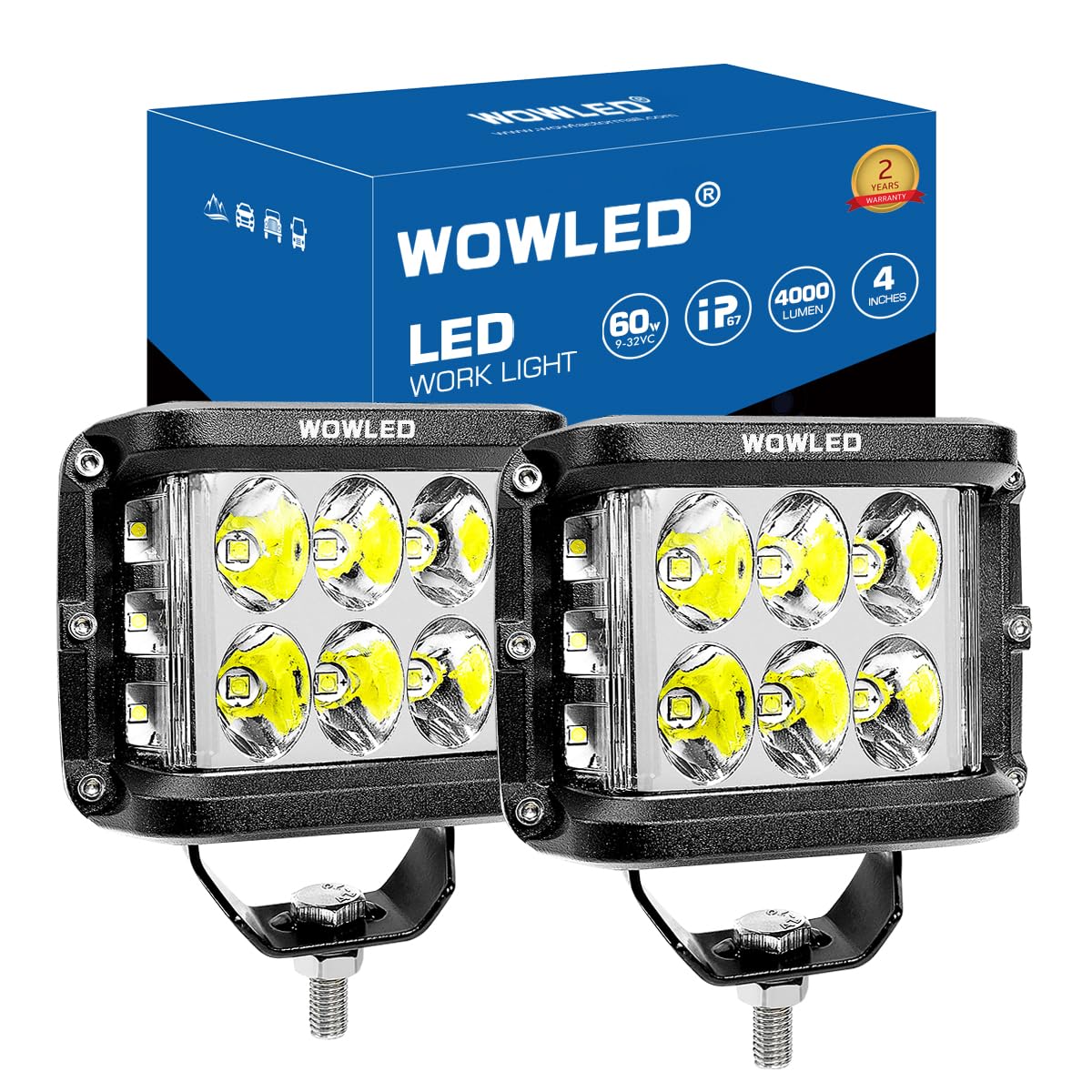 WOWLED Side Shooter LED-Arbeitsleuchte, 10,2 cm, 60 W, LED-Würfel-Arbeitsscheinwerfer, Offroad-Fahrpunkt, Nebelscheinwerfer mit Seiten-Shooter für 12 V, 24 V, Allradantrieb, LKW, 4 x 4, Campinglicht, von WOWLED