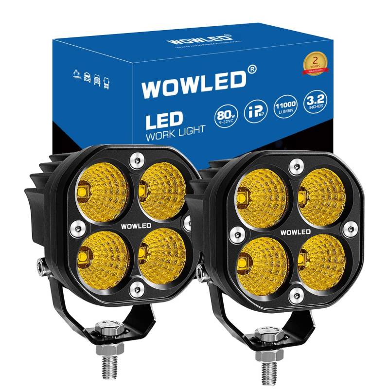 WOWLED Amber LED Cube Lights, 2PCS 3Inch 80W Flood LED Pods Off-Road Driving Light, 12V FloodLight Yellow Fog Light Backup Lamp für Truck ATV UTV SUV Tractor Car 4x4 Exterior Light von WOWLED