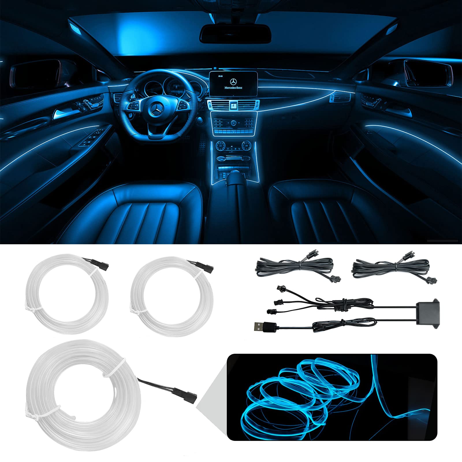 WOWLED El-Wire Auto-Innenbeleuchtung, 3-in-1-USB-Neon-Licht-Set für Auto-Umgebungsbeleuchtung, Atmosphäre, LED-Innenleiste, Nähkantendekoration (5 m/5 V) von WOWLED