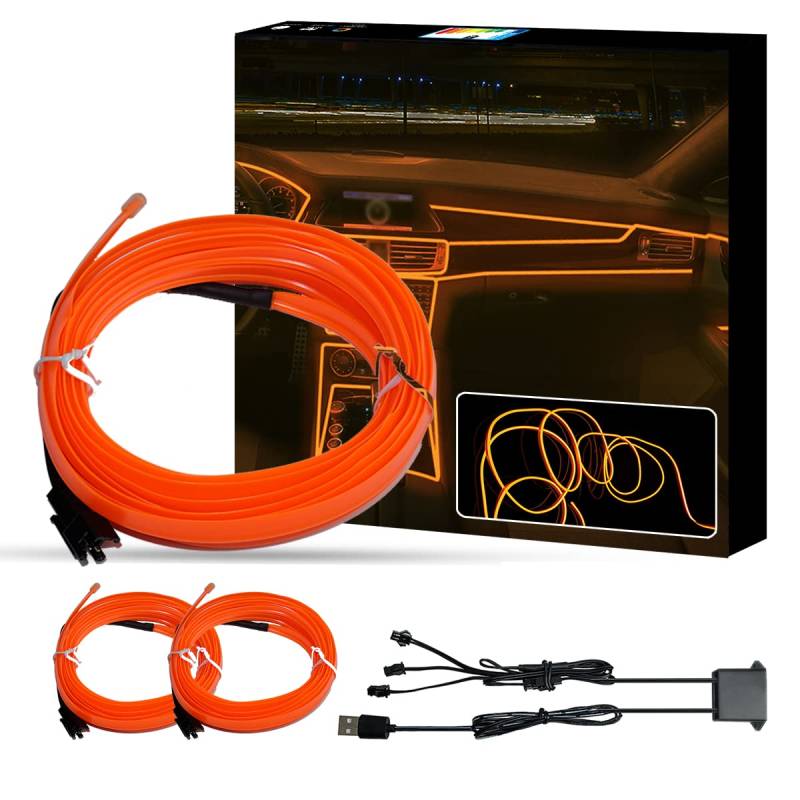 WOWLED Orange El Wire Auto-Innenbeleuchtung, 3-in-1-USB-Neon-Licht-Set für Auto-Umgebungsbeleuchtung, Atmosphäre, Auto-LED-Innenleiste, Nähkantendekoration (5 m/5 V) von WOWLED