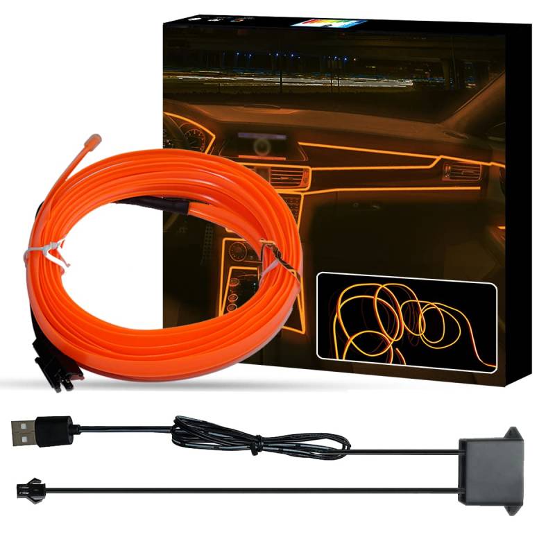 WOWLED Orange El Wire Auto-Innenbeleuchtung, USB-Neon-Licht-Set für Auto-Umgebungsbeleuchtung, Atmosphäre, Auto-LED-Innenleiste, Nähkantendekoration (3 m/5 V) von WOWLED