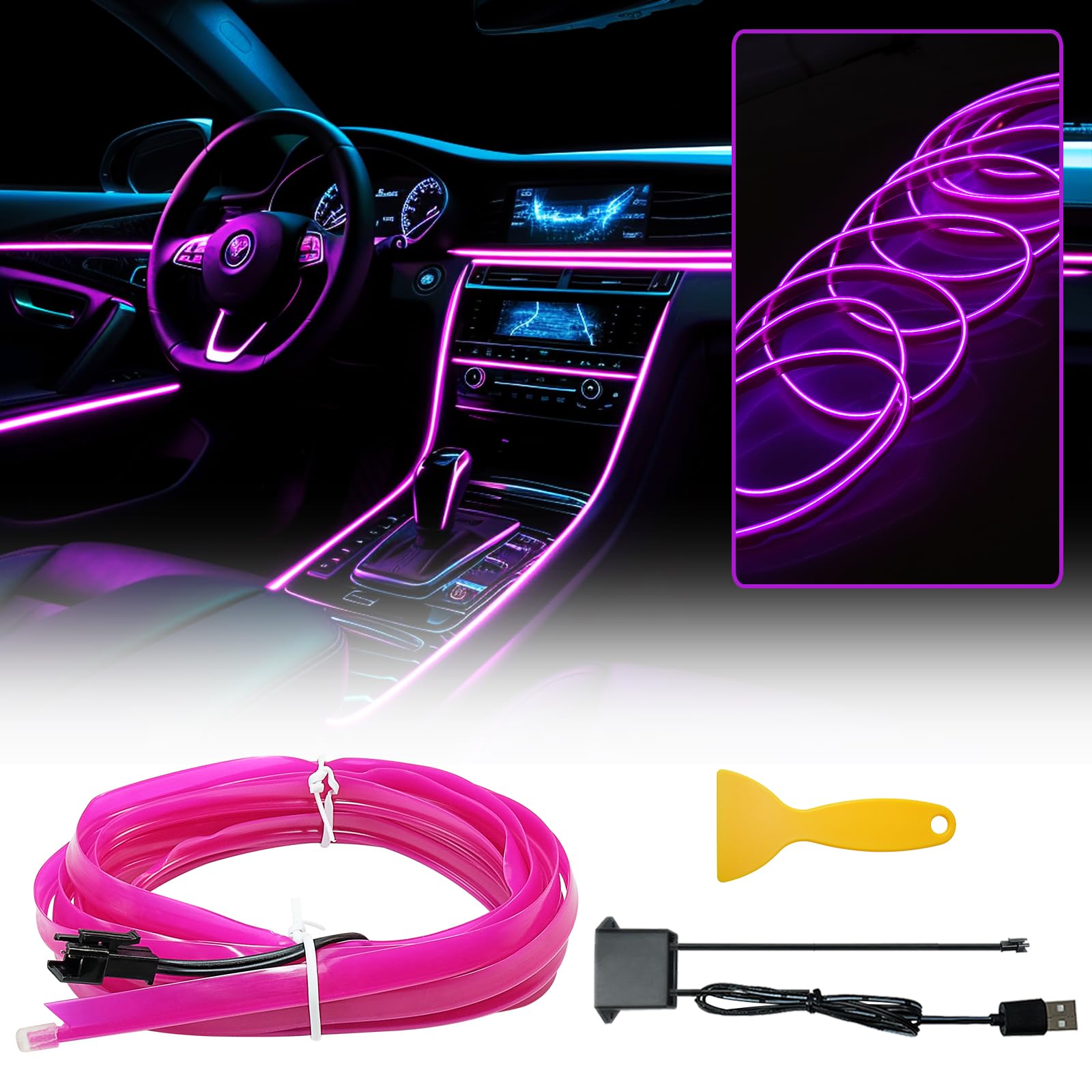 WOWLED Purple El Wire Car interior Lights, USB Neon Wire Light Kit for Car Ambient Lighting Atmosphere Car Led Interior Strip Light Sewing Edge Decoration(3m / 5V) von WOWLED