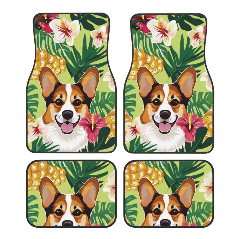 Corgi Hawaii Tropische Sommer Ananas Gedruckt Auto Fußmatten Set 4 Stück Universal rutschfeste Automatten Teppich für Auto SUV LKW von WPUTY