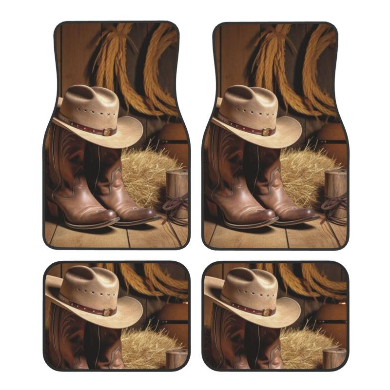 Cowboyhut Western Boot Gedruckt Auto Fußmatten Set 4 Stück Universal rutschfeste Automatten Teppich für Auto SUV LKW von WPUTY