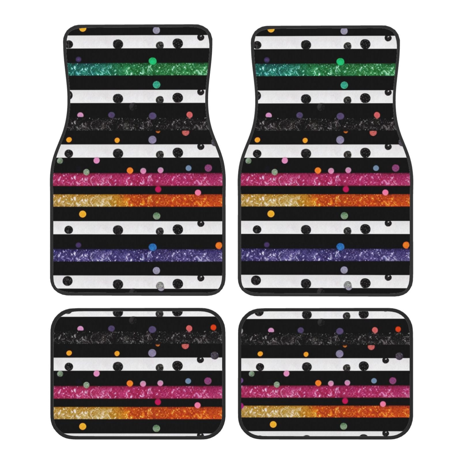 Glitzer Regenbogen Polka Dot Streifen Schwarz und Weiß 3 Gedruckt Auto Fußmatten Set 4 Stück Universal rutschfeste Automatten Teppich für Auto SUV LKW von WPUTY