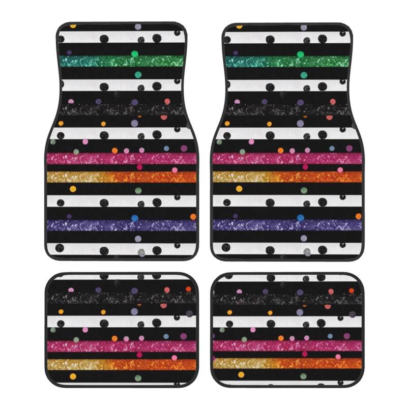 Glitzer Regenbogen Polka Dot Streifen Schwarz und Weiß 3 Gedruckt Auto Fußmatten Set 4 Stück Universal rutschfeste Automatten Teppich für Auto SUV LKW von WPUTY