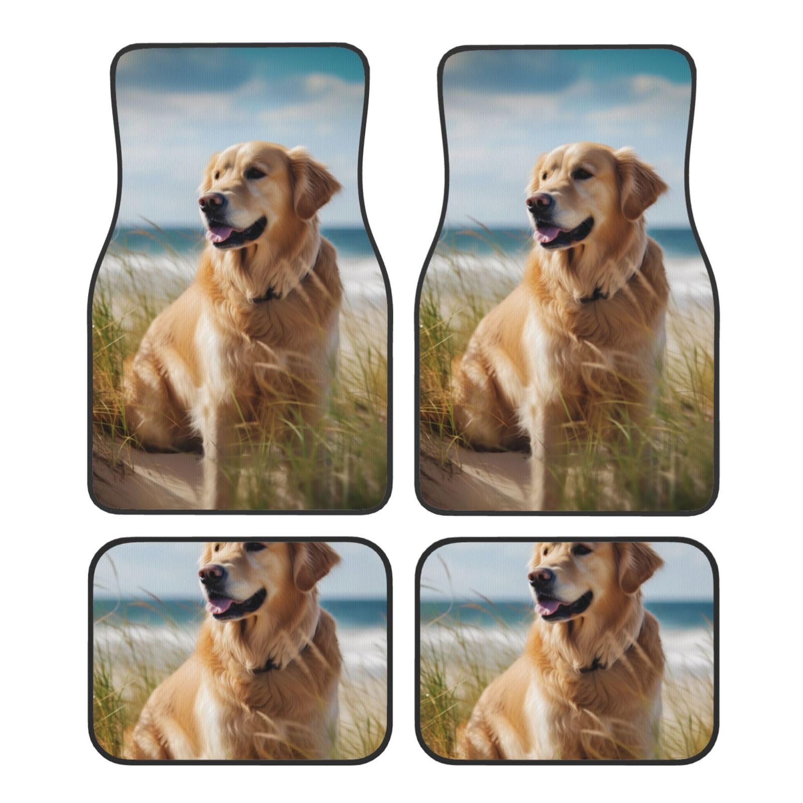 Golden Retriever am Strand Bedruckte Auto Fußmatten Set 4 Stück Universal rutschfeste Automatten Teppich für Auto SUV LKW von WPUTY