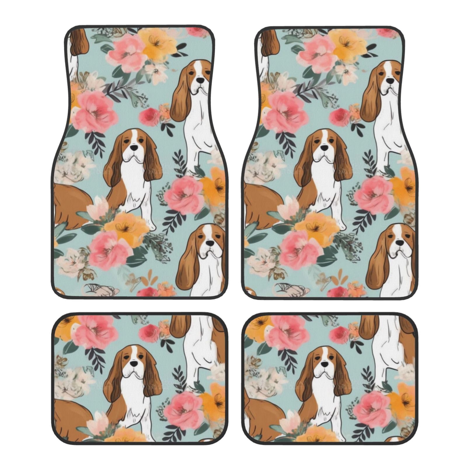 Sweet Basset Hound Florals Bedruckte Auto Fußmatten Set 4 Stück Universal rutschfeste Automatten Teppich für Auto SUV LKW von WPUTY