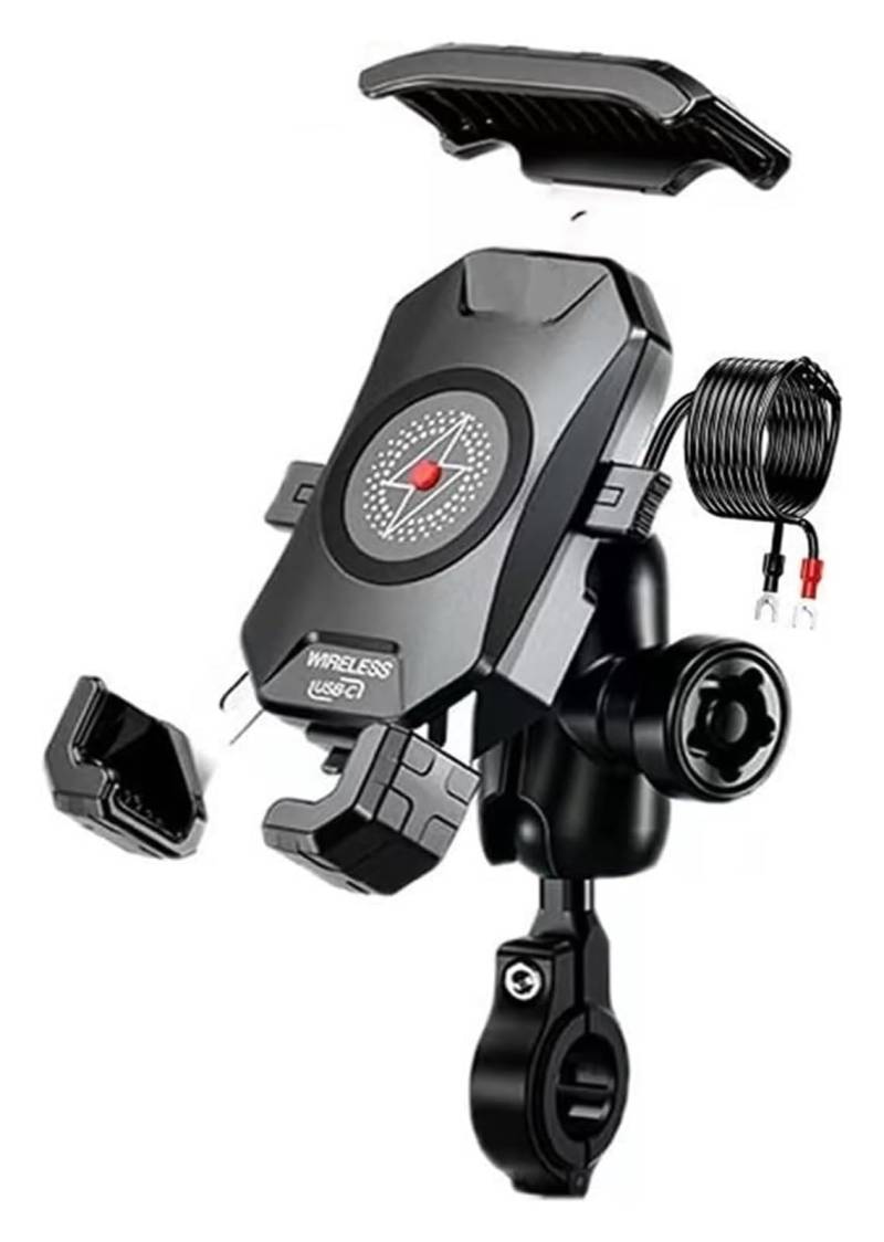 Für 4,0 "-7,0" Handys Motorrad Gabel Vorbau Telefon Halter Wireless/USB C Ladegerät Schnell Ladung Anti-diebstahl Lenker Spiegel Halterung Navigationshalterung Motorrad(Anti-Theft Handlebar) von WTPWVBPMF