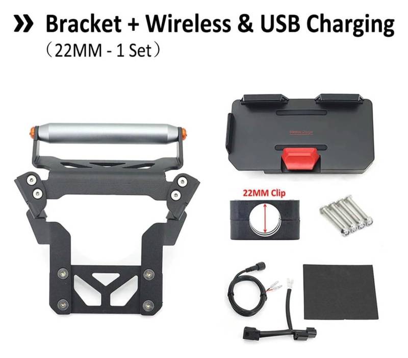 Für FORZA350 NSS 350 NSS350 2021-2023 Motorrad GPS Telefon Navigation Halterung USB & Drahtlose Ladegerät Halter Halterung Ständer Navigationshalterung Motorrad(1 Set - 22mm Bracket) von WTPWVBPMF