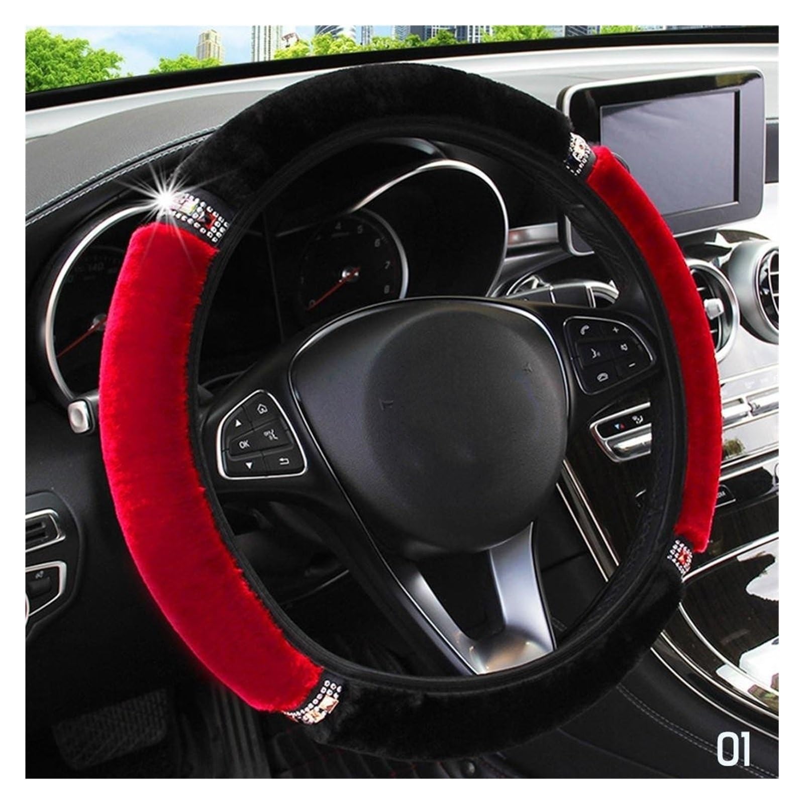 Auto Dekorative Innenbereich Zubehör Universal 37–38 Cm Weiches Plüsch-Strass-Auto-Lenkrad-Abdeckungs-Set, Bling-Autozubehör, Innenlenkungsabdeckung, Auto-Styling Innen(Black and Red) von WTXXGQ