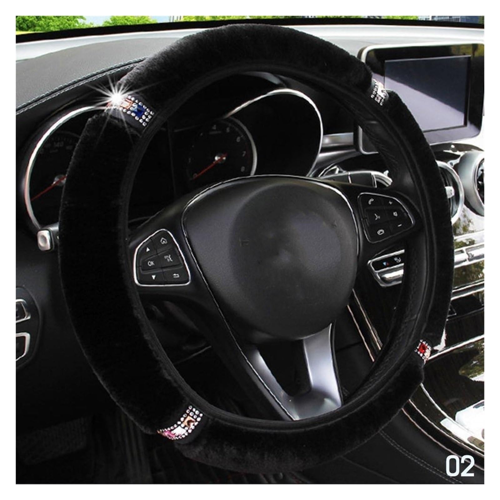 Auto Dekorative Innenbereich Zubehör Universal 37–38 Cm Weiches Plüsch-Strass-Auto-Lenkrad-Abdeckungs-Set, Bling-Autozubehör, Innenlenkungsabdeckung, Auto-Styling Innen(Schwarz) von WTXXGQ