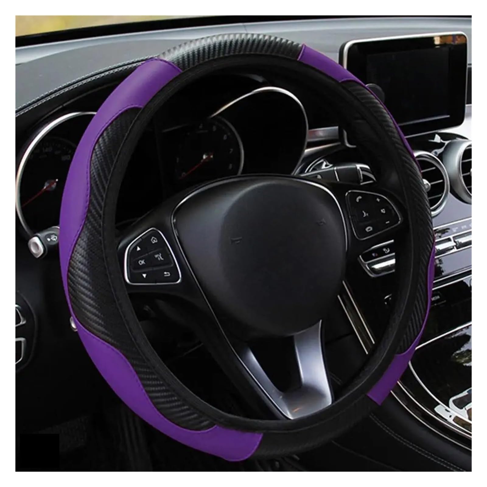 Auto Dekorative Innenbereich Zubehör Universeller Auto-Lenkradbezug Rutschfest Kunstleder Passend Für 38 Cm Lenkradbezüge Auto-Innendekoration Innen(Black and Purple) von WTXXGQ