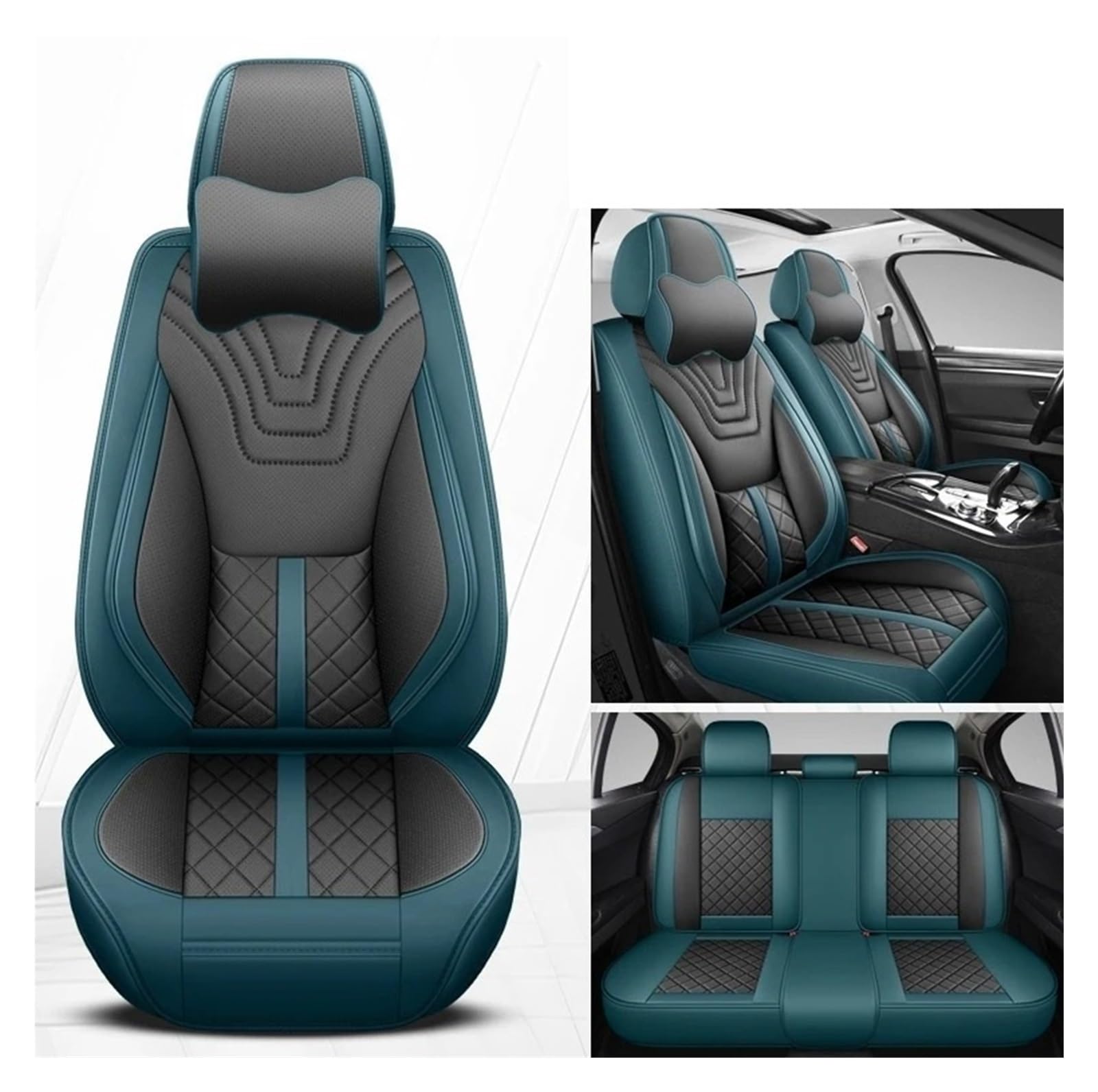 WTXXGQ Autositzbezüge Für Daewoo Für Matiz Für Nexia Für Für Kalos Für Evanda Für Magnus Für REXTON Universeller Autositzbezug Aus Leder Auto Schonbezüge(Black Green Pillow) von WTXXGQ