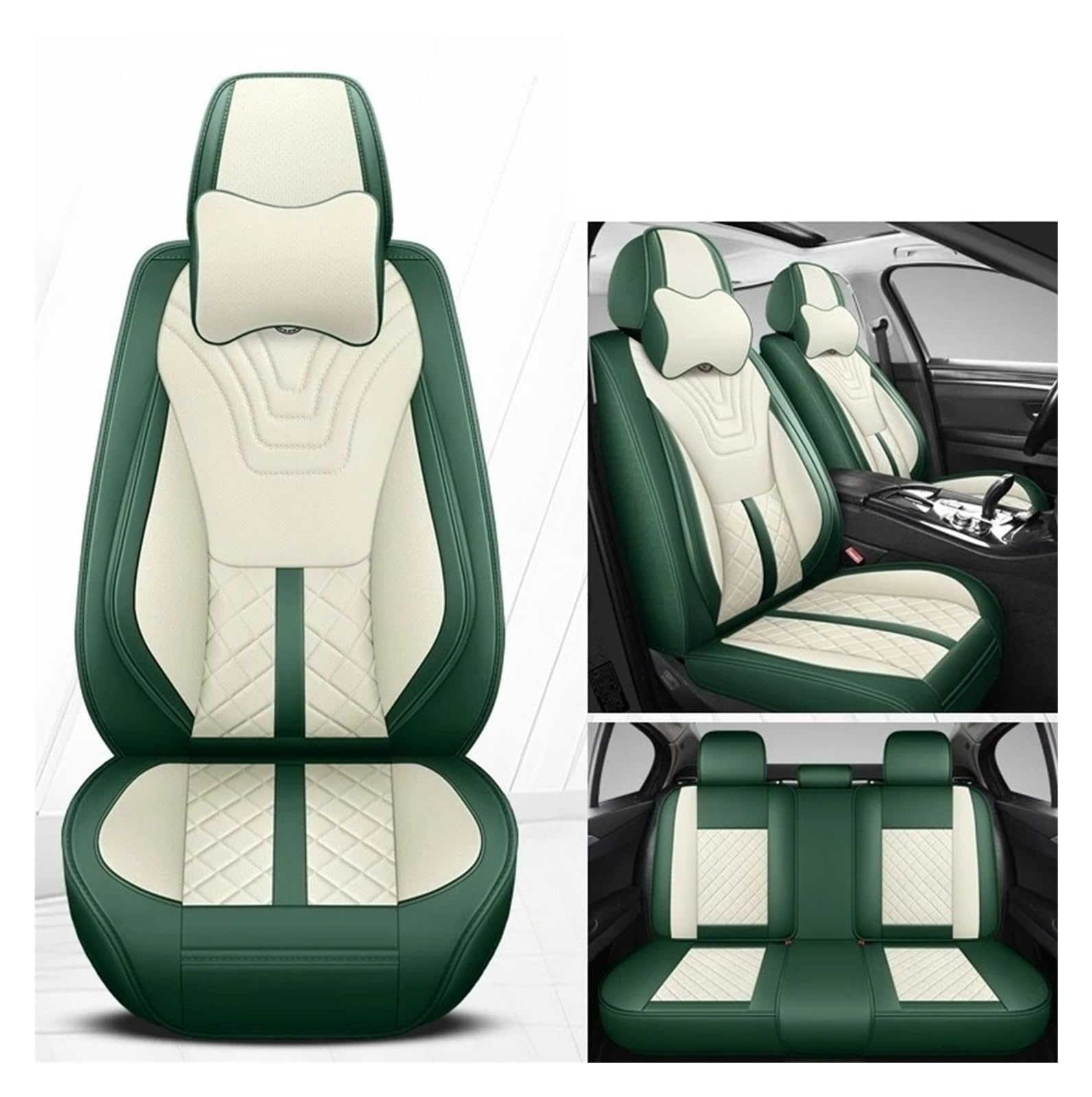 WTXXGQ Autositzbezüge Für Daewoo Für Matiz Für Nexia Für Für Kalos Für Evanda Für Magnus Für REXTON Universeller Autositzbezug Aus Leder Auto Schonbezüge(Green White Pillow) von WTXXGQ