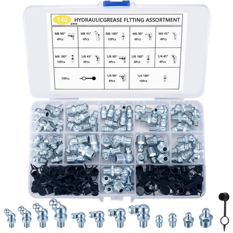 WUJIAQIU Schmiernippel Sortiment Kit, M6 M8 Schmiernippel Fettnippel, Hydraulik Fettnippel, Kegelschmiernippel Set, Abschmiernippel, 180° Gerade abgewinkelt 45°90° Kegelnippel für Schmierpressen von WUJIAQIU