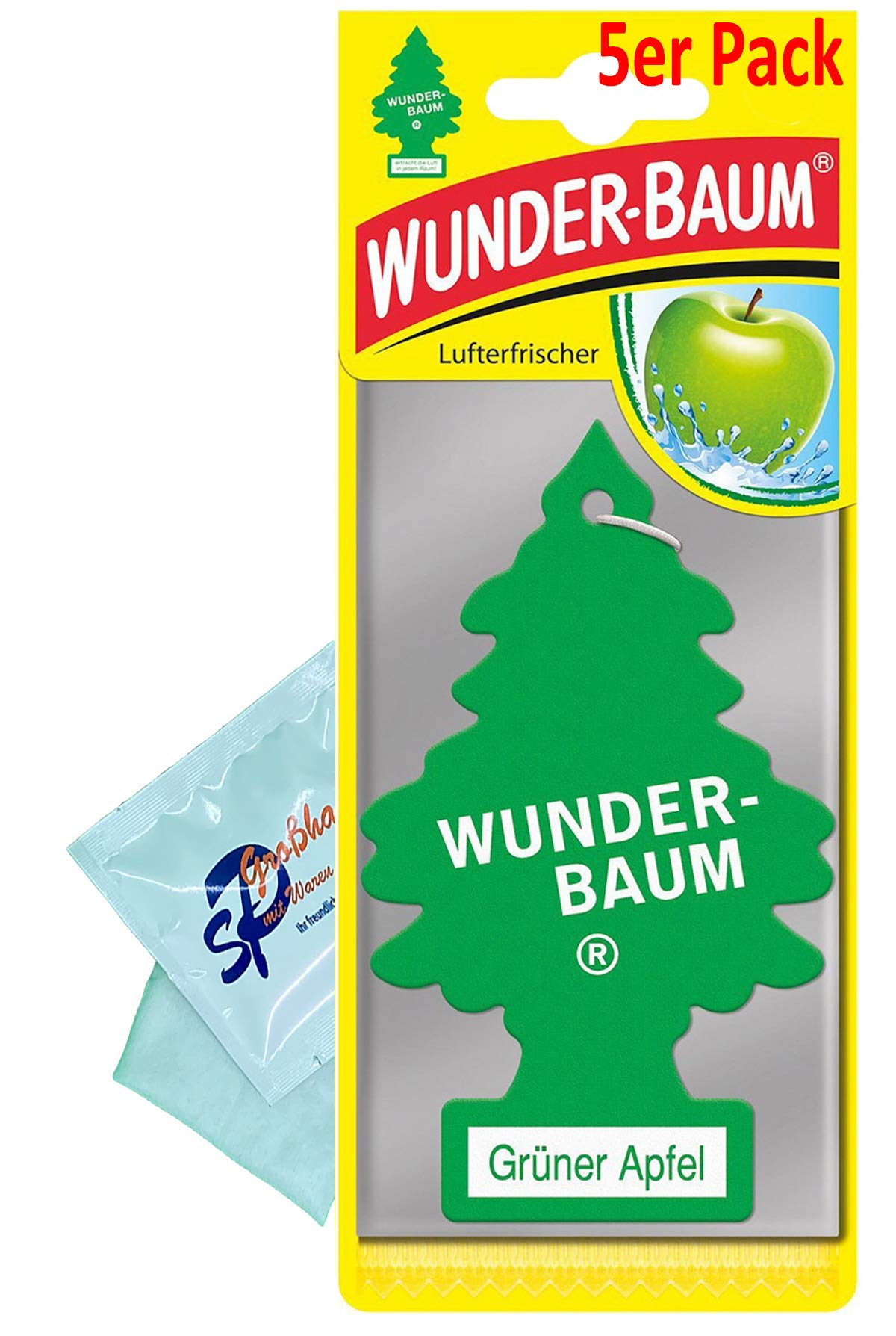 WUNDER-BAUM 5 Stück Grüner Apfel Lufterfrischer Duftbaum Wunderbaum Original inkl. 1 x Glasreinigungstuch von SP Großhandel von WUNDER-BAUM