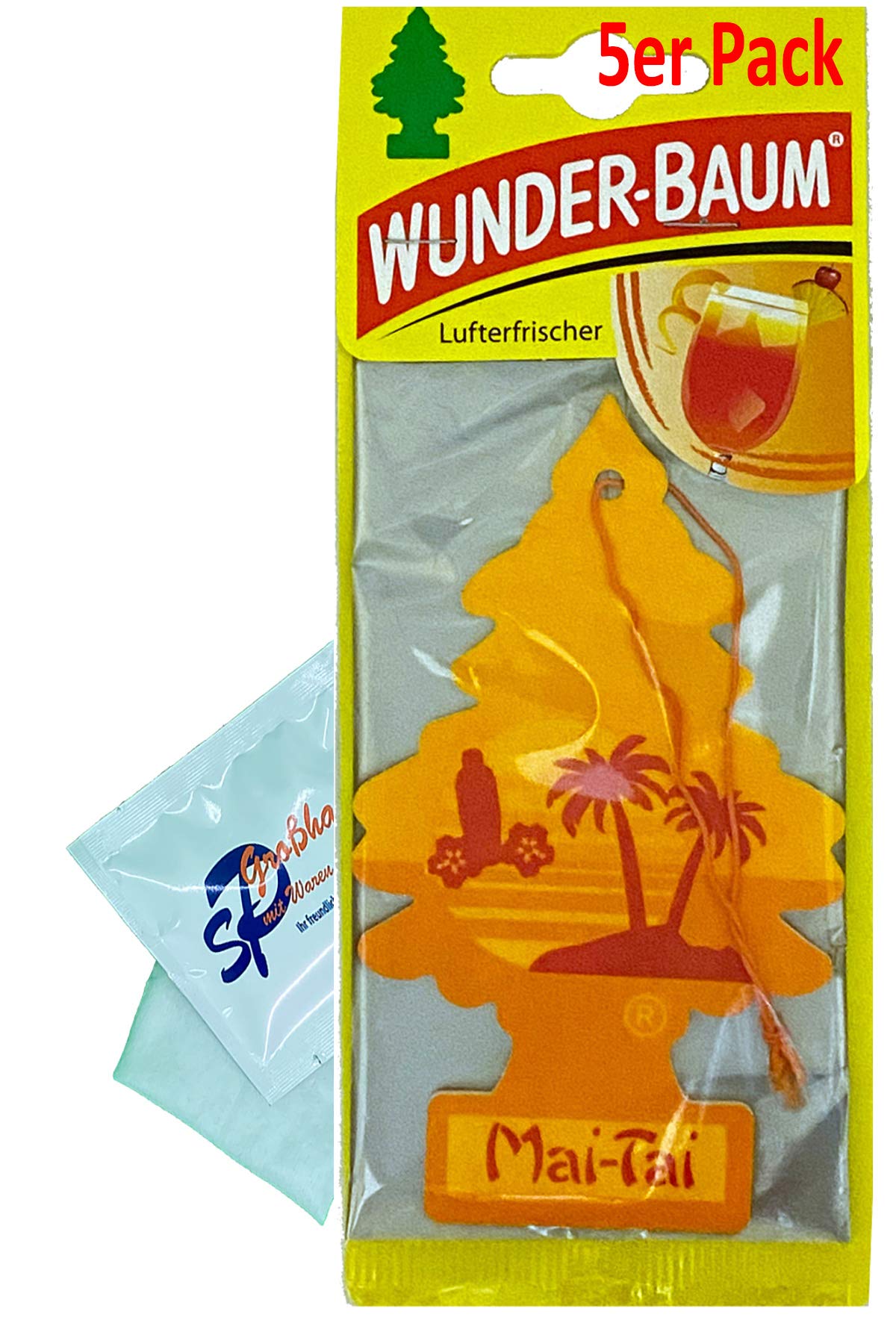 WUNDER-BAUM 5 Stück MaiTai Lufterfrischer Duftbaum Wunderbaum Original inkl. 1 x Glasreinigungstuch von SP Großhandel Gratiszugabe von WUNDER-BAUM