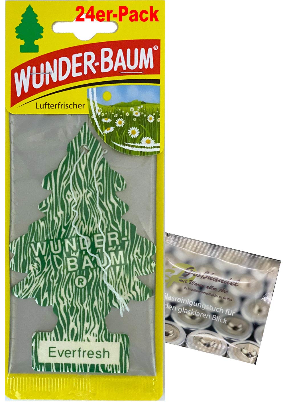 Wunderbaum 24er-Box Original Lufterfrischer Everfresh Duftbaum inkl. 1 x Glasreinigungstuch von SP Großhandel Gratiszugabe von WUNDER-BAUM