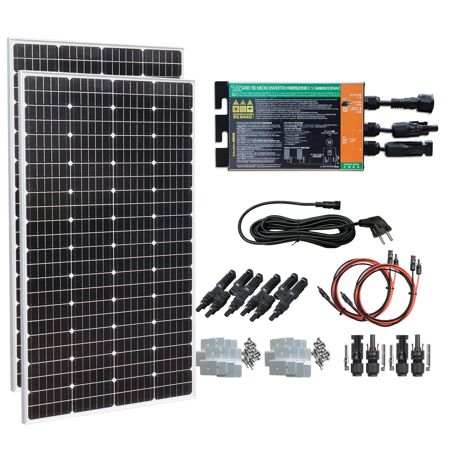 230V 600W Wechselrichter Balkonkraftwerk komplettset Plug & Play Steckdose, 300W(2X150watt) Solarpanel mit Netzgebundene Wechselrichter, Solaranlage Wohnmobil, Photovoltaik Balkon, Solarmodul 300W von WUZECK