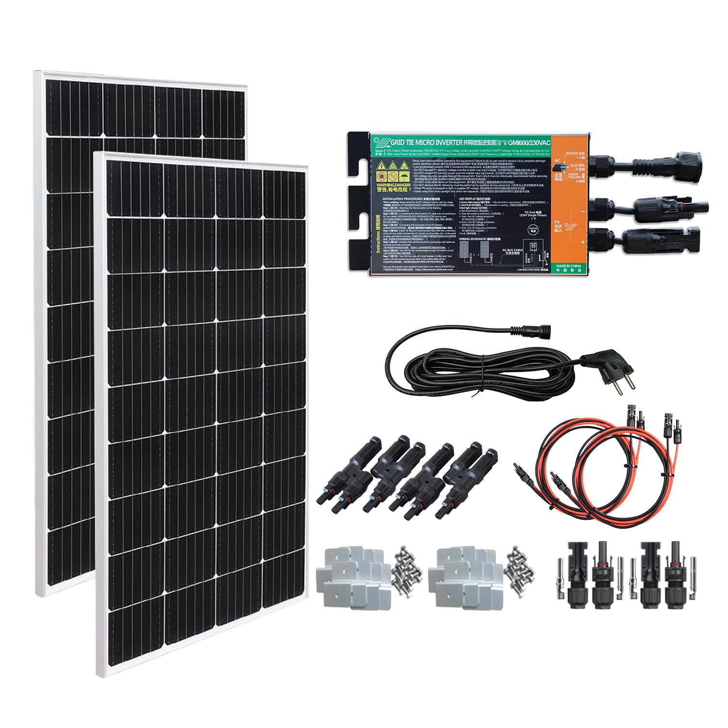 600w Balkonkraftwerk Komplett Steckdose Plug & Play, 300Watt(2X150W) 19,8V Solarpanel mit 230V 600W Wechselrichter, Solaranlage Wohnmobil Komplettset, Photovoltaik Balkon, Solarmodul 300W von WUZECK