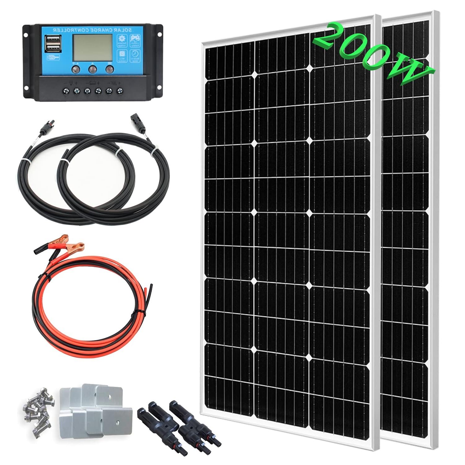 Solarpanel 200W Solarmodul Kit 2 x 100W Monokristalline Fotovoltaik Solarmodul 12/24V 20A Solarladeregler Off Grid System für Boot, Auto, Wohnmobil, Haus, Garten von WUZECK