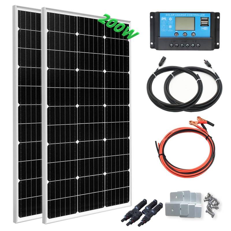 WUZECK 200W 12V Solarmodul Solarpanel Solarzelle Kit, 2X100W Monokristalline Module 20A 12v/24v, Solarpanel Off-Grid-System für Wohnmobil, Auto, Boot, Schuppen, Haus, Garten von WUZECK