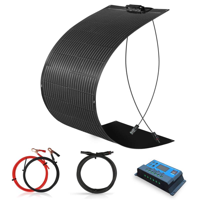 WUZECK Solarpanel-Kit Flexibel 100W 12V Monokristallines Flexibles Solarmodul+10A 12V/24V Solarladeregler + Solarkabel Off-Grid-System für 12V Batterien Solaranlage Wohnmobil Häuser Garten Balkon von WUZECK