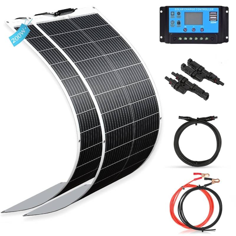 WUZECK Solarpanel-Kit Flexibel 200W Monokristallines 2X100W Flexibles Solarmodul+20A 12V/24V Solarladeregler+Solarkabel Off-Grid-System für 12V Batterien Solaranlage Komplettset Auto Haus Dach von WUZECK