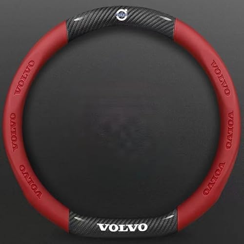 Auto Lenkradbezug für Volvo XC90 2015-2019,Leder Sport Lenkradbezug Atmungsaktive Auto Lenkradhüllen Anti-Rutsch Lenkradhülle Lenkradschoner mit Auto Emblem Logo Autozubehör,Red-O Type von WXGBH