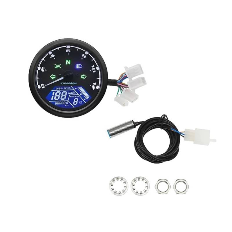 WYHJIUY 0~12000 U/min Universal Motorrad Tachometer Armaturenbrett Digitalanzeige Geschwindigkeit MPH Km/h Drehzahlmesser Kraftstoff Für Y&amaha Speed Gear Display von WYHJIUY