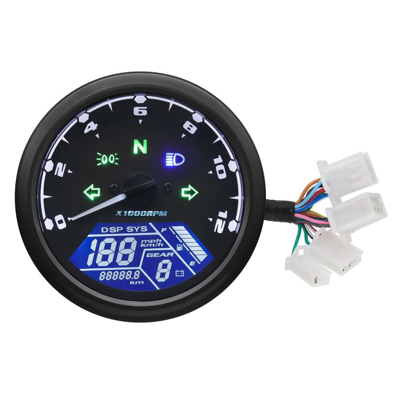 WYHJIUY Für 1-4 Zylinder Motorrad Universal Zubehör Tachometer Kilometerzähler Drehzahlmesser 12000RMP Instrumententafel Speed Gear Display von WYHJIUY