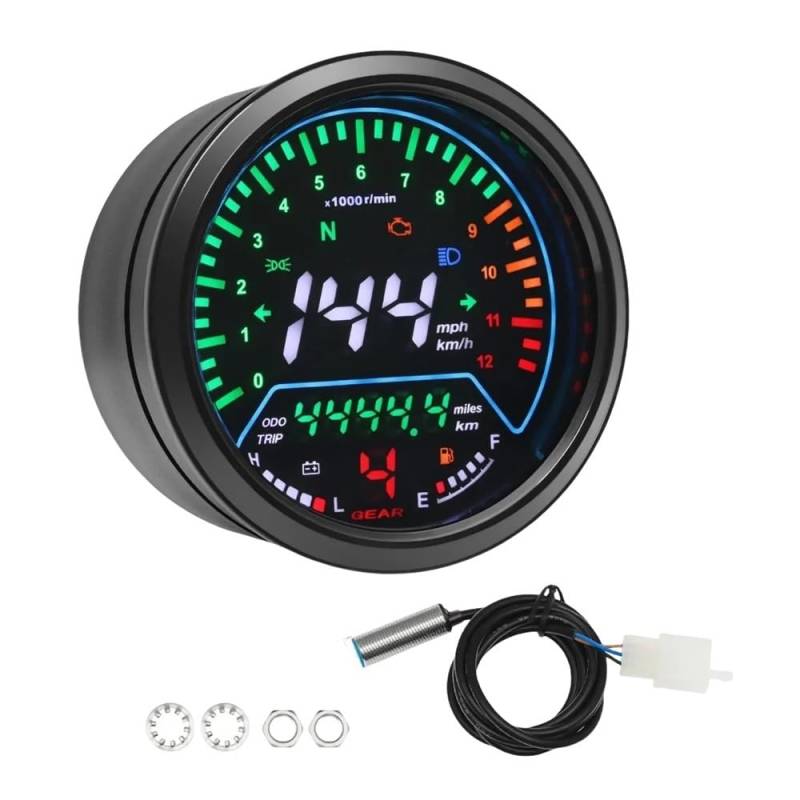 WYHJIUY Motorradinstrument Universal-Tachometer Digitale Armaturenbrett-Messgeräte 0~1 2000 U/min Mit Getriebe-Kraftstoffstand-Spannungsmesser Speed Gear Display von WYHJIUY