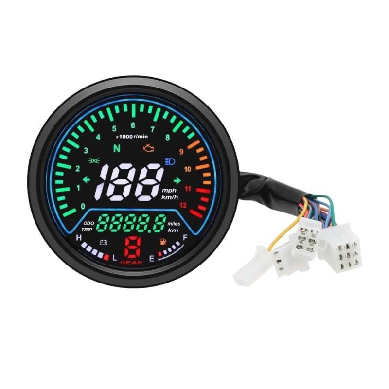 WYHJIUY Motorradinstrument Universal-Tachometer Digitale Armaturenbrett-Messgeräte 0~1 2000 U/min Mit Getriebe-Kraftstoffstand-Spannungsmesser Speed Gear Display von WYHJIUY