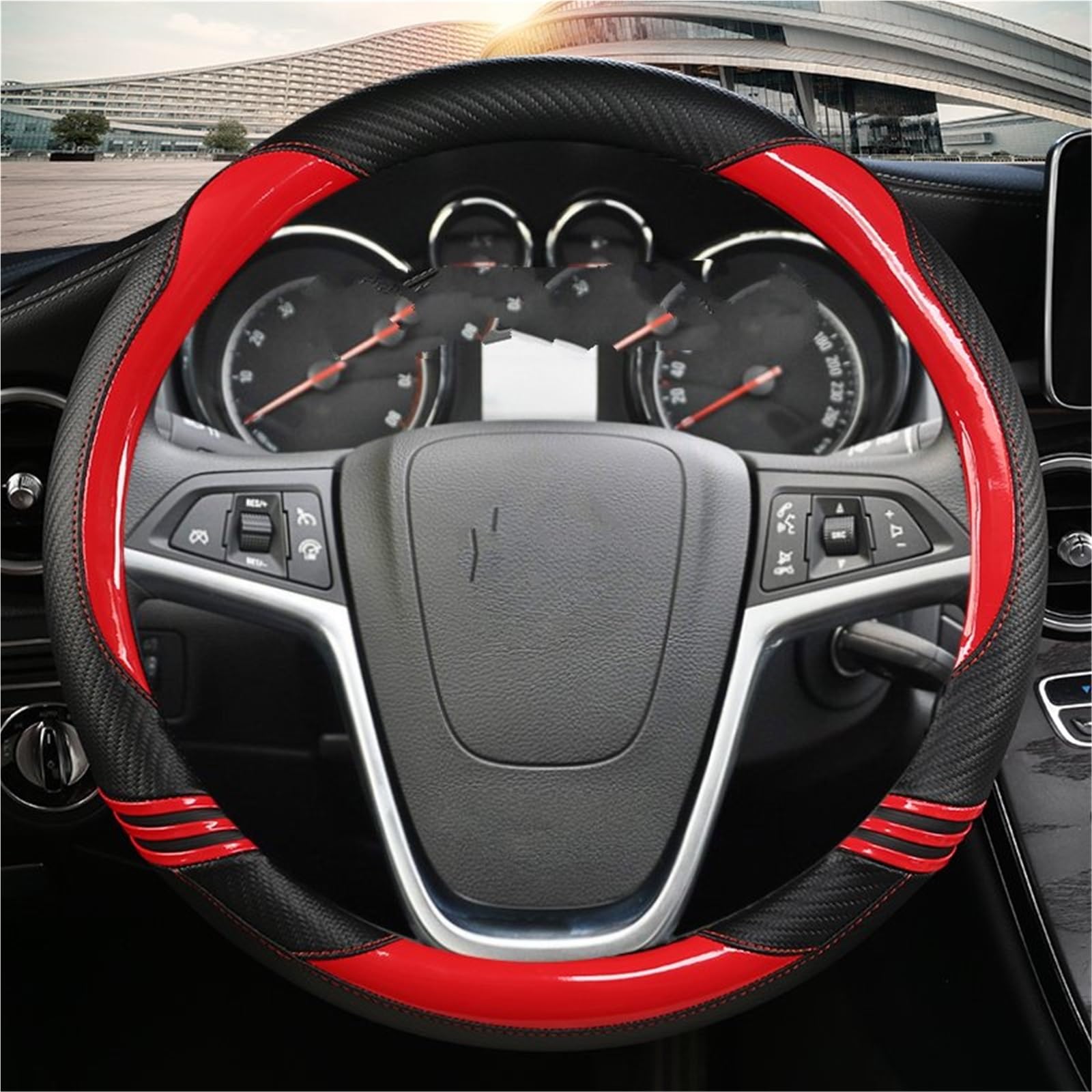 Lenkradbezug Carbon Faser + Leder Auto Lenkrad Abdeckung Auto Zubehör Für Opel Für Insignia 2008-2013 Für Astra Für Cascada Für Mokka 2012-2019 Lenkradhülle(RED) von WYLWSHA