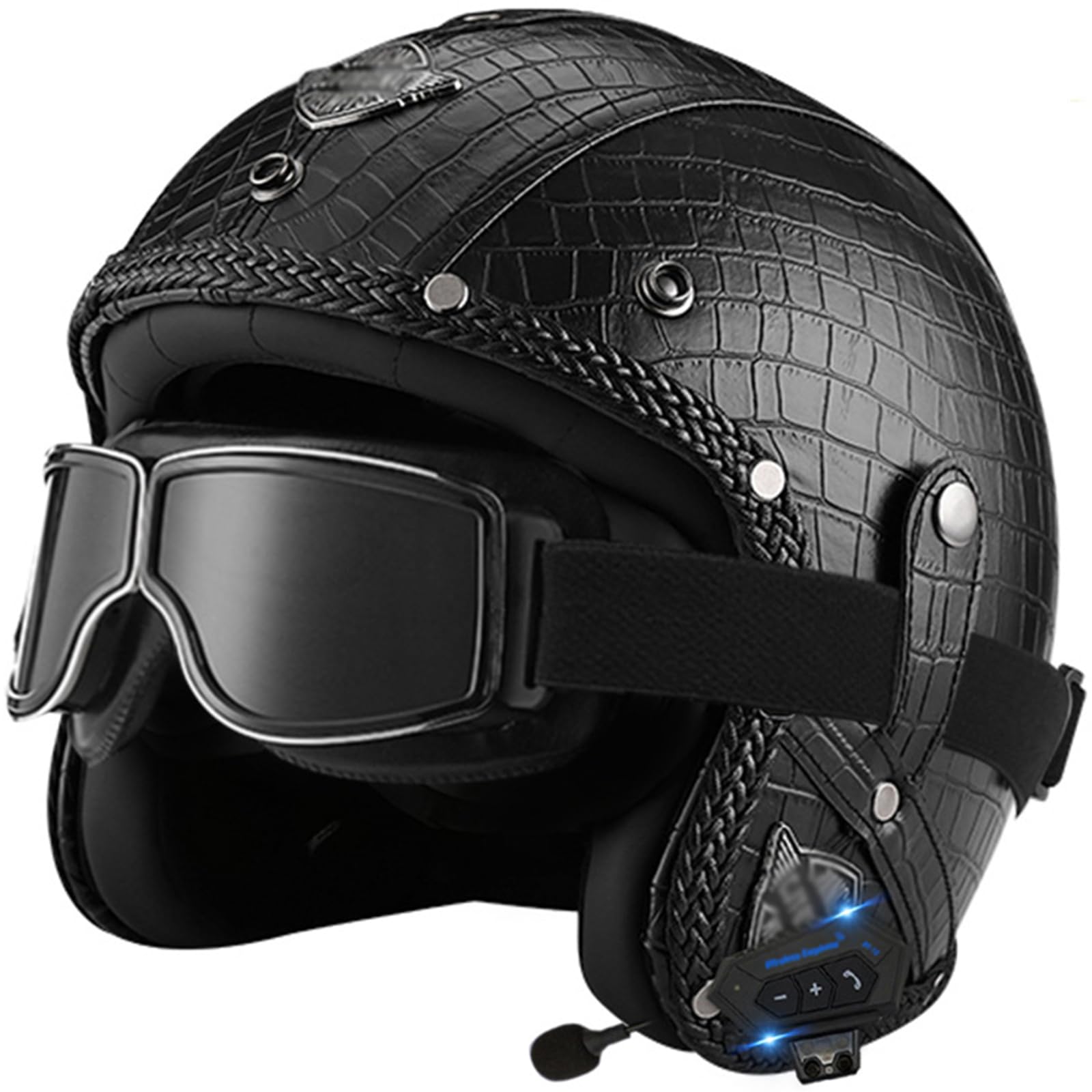 Bluetooth Jet Helm 3/4 PU Leder Motorradhelm Vintage Halbhelme Brain-Cap mit Schutzbrille Retro Scooter Offenem Helm Für Herren Damen ECE Zertifizierung Rollerhelm Halbschalenhelm von WYXAXNM