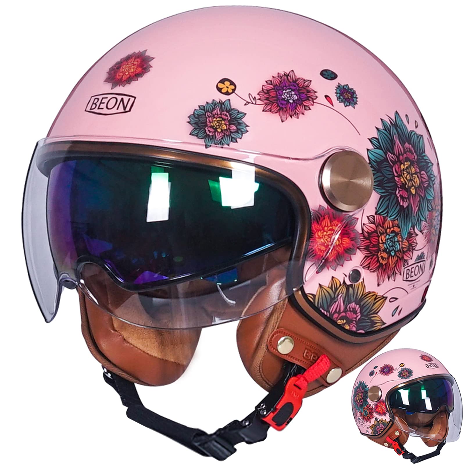 Frauen Motorradhelm mit Doppelvisier, Jet-Helm Chopper Cruiser Vintage Pilot Helmet, Offenes Gesicht Helm, ECE Zertifiziert Motorrad Helm Bestehen Sie den Kollisionstest (Blumen) von WYXAXNM