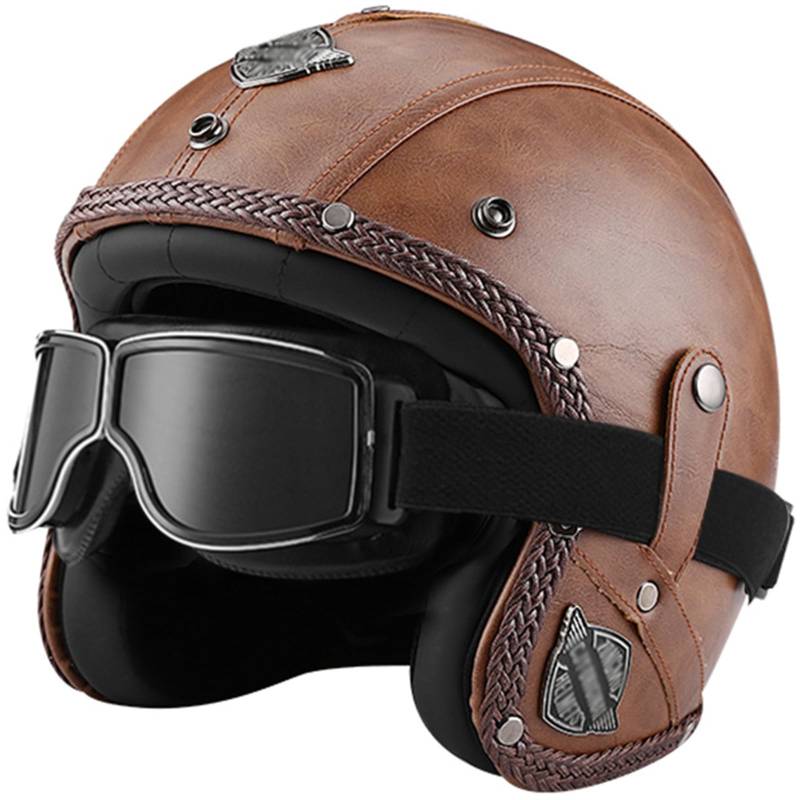 Motorradhelm Jethelme Lederhelm Retro Leder-Helm Vintage Mopedhelm mit Brille Maske Motorradkreuzer-Rollerhelm im Deutschen Stil für Männer und Frauen,C-S(55~56cm) von WYXAXNM