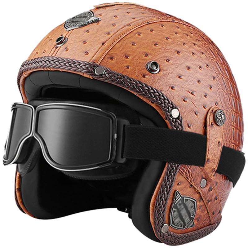 Motorradhelm Jethelme Lederhelm Retro Leder-Helm Vintage Mopedhelm mit Brille Maske Motorradkreuzer-Rollerhelm im Deutschen Stil für Männer und Frauen,H-XL(61~62cm) von WYXAXNM