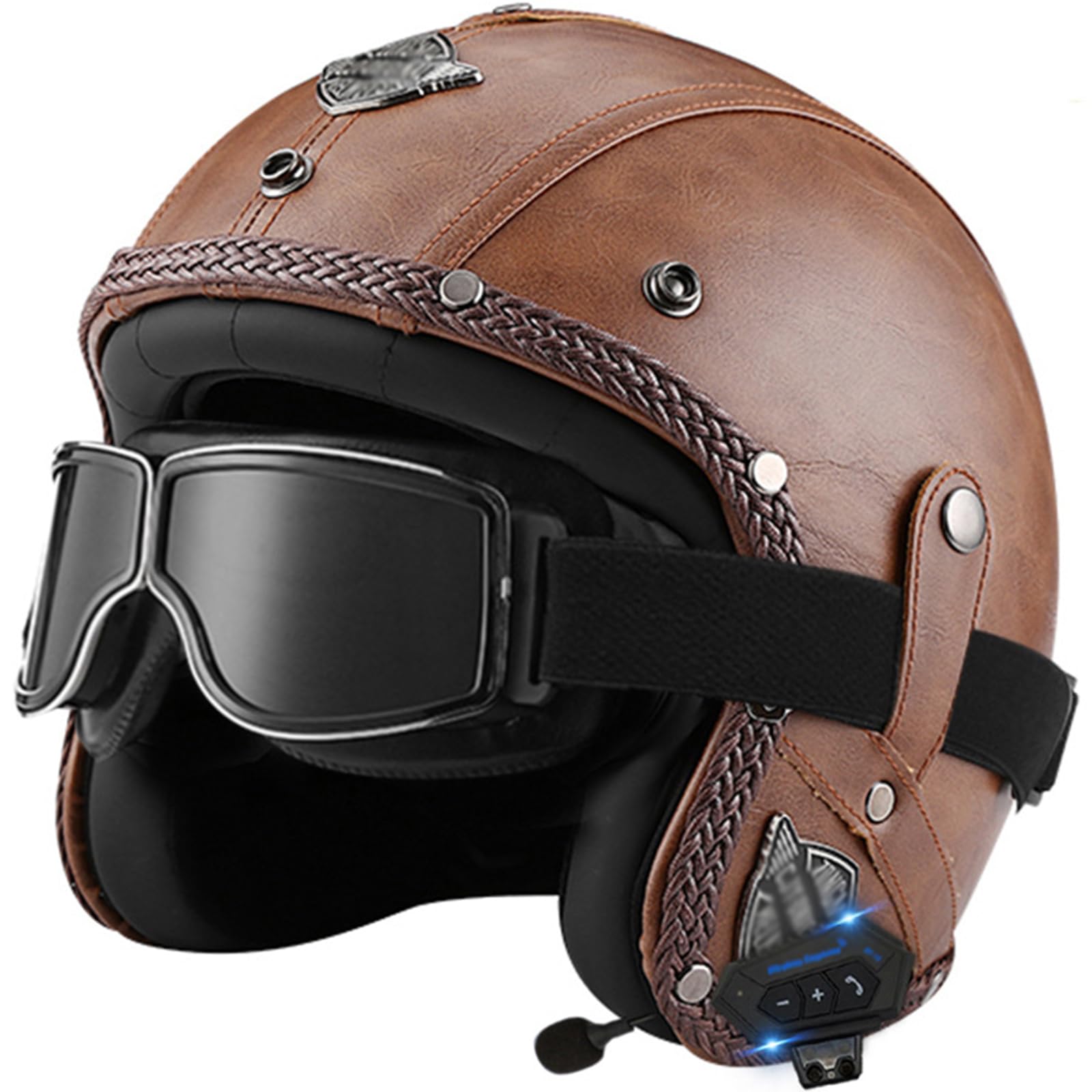 Motorradhelm Leder Bluetooth Jethelm Roller Helm Scooter Helm Moped Mofa Helm mit Brille DOT/ECE Zertifiziert Vintage Motorrad Jet Helm Roller Helm Harley-Helm Für Männer Frauen von WYXAXNM