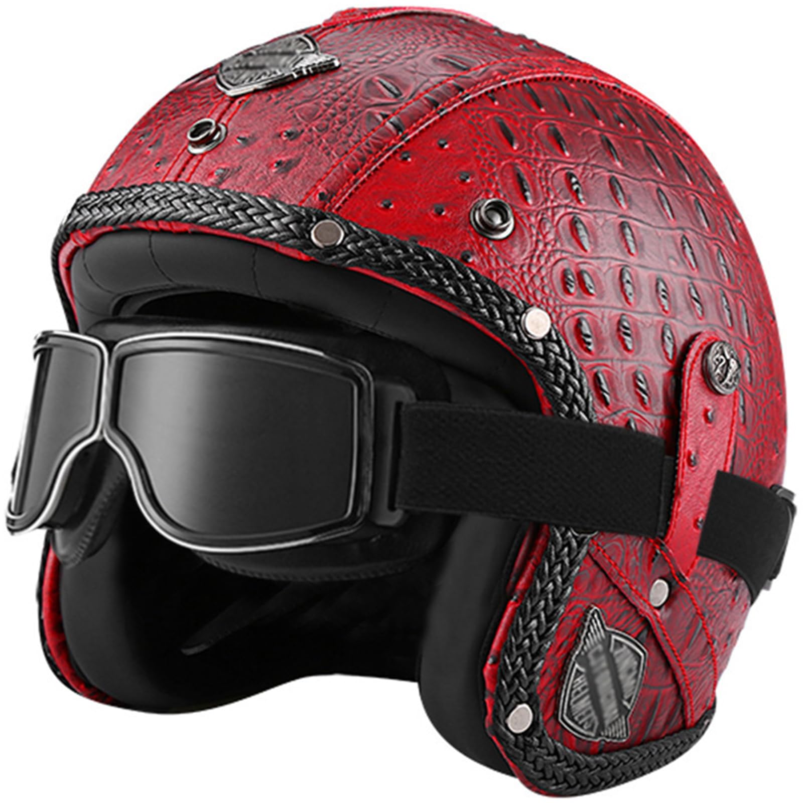 Motorradhelm Retro Jethelm Lederhelm Unisex Vintage Open Face Leder-Helm Brain-Cap Motorrad Roller Helm mit Brille Maske, ECE Zugelassener Mofa-Helm Vespa-Helm Für Männer Und Frauen von WYXAXNM