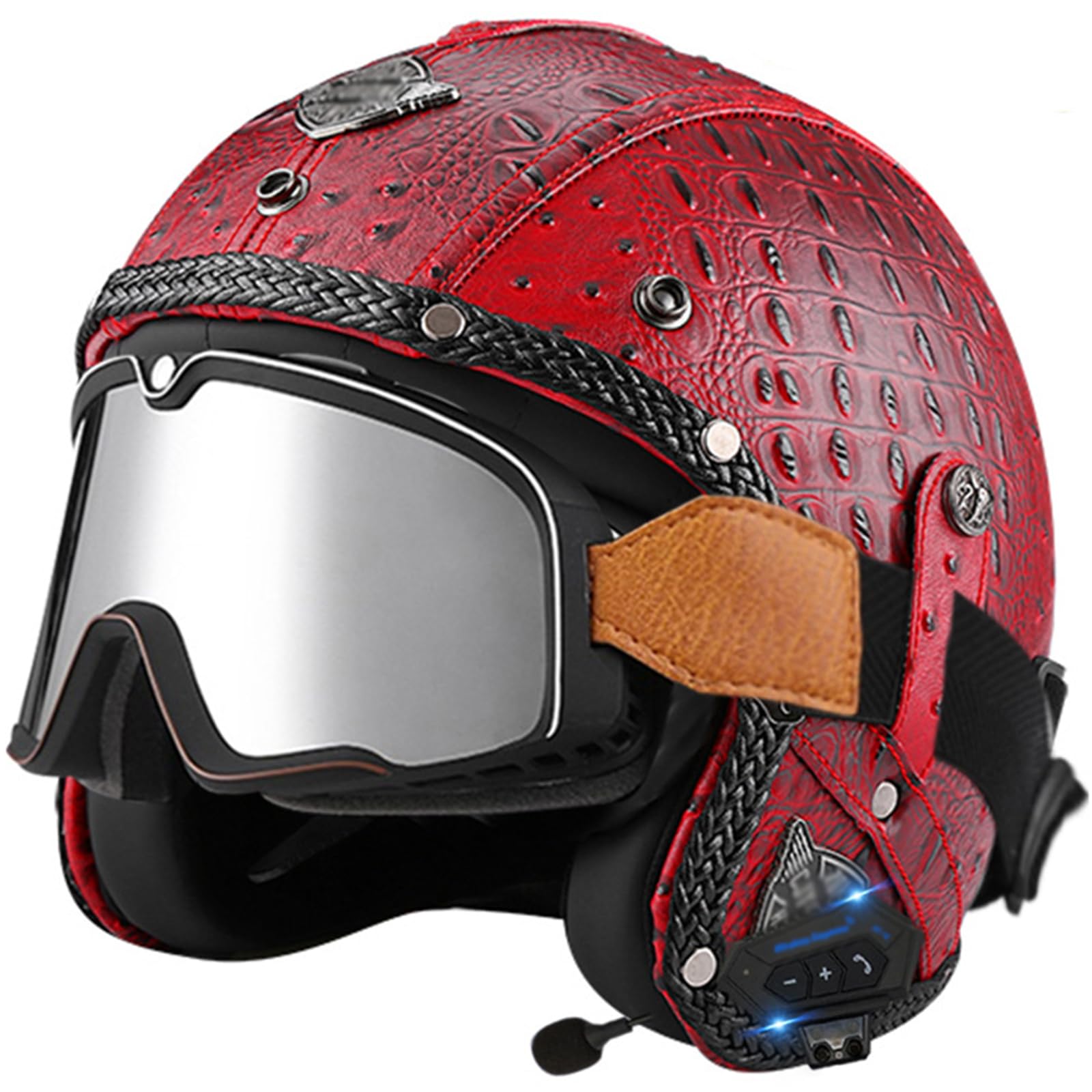 Vintage Motorrad Bluetooth Helm Jethelme, ECE Zertifiziert 3/4 Halbhelme Retro Mofa-Helm Rollerhelm Scooter-Helm Roller Chopper Sturz-Helm Motorradhelm Damen Herren,Red-M(57~58cm) von WYXAXNM