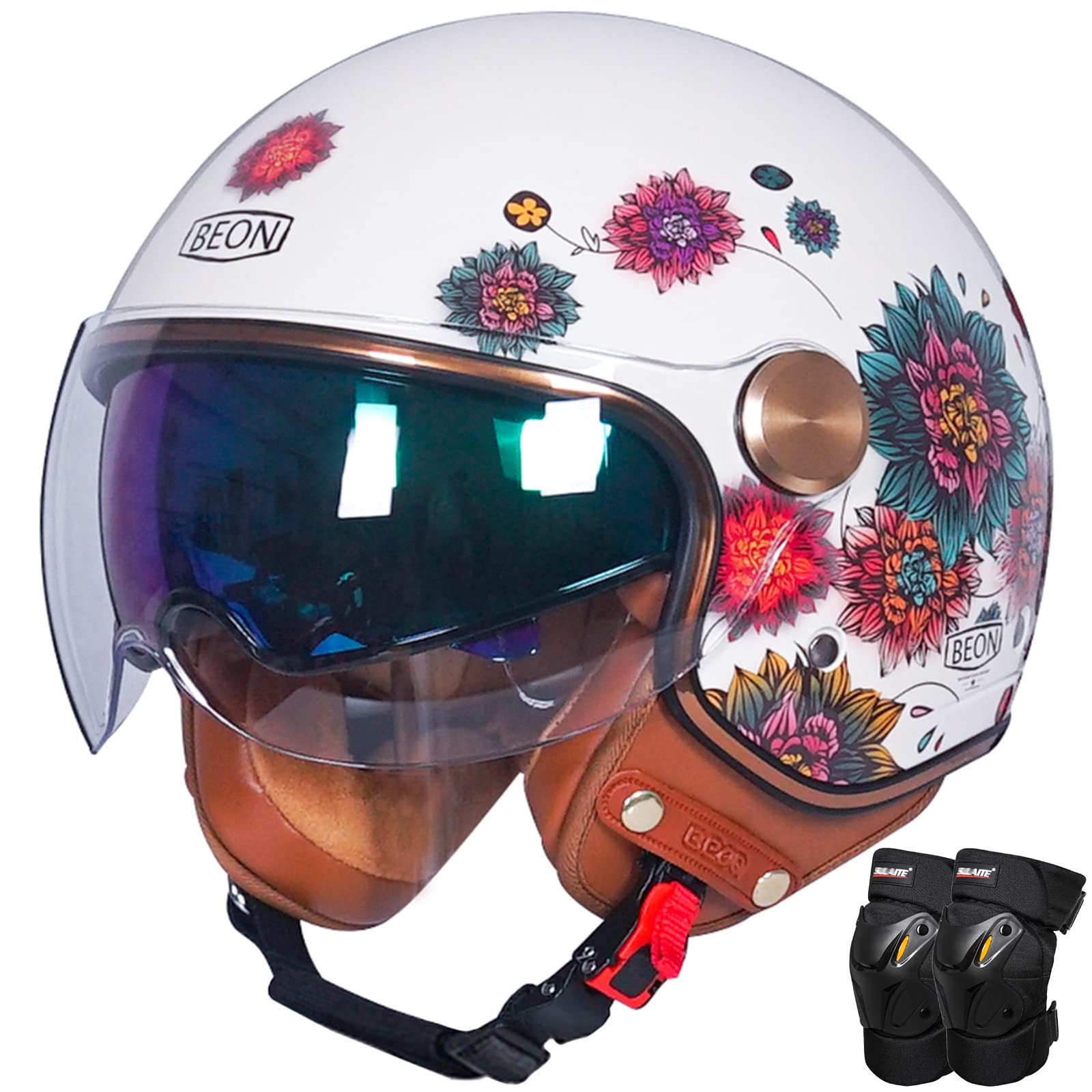 Vintage Motorradhelm mit Doppelvisier und Knee Pads, Frauen Motorrad Jethelm, Offenes Gesicht Helm für Scooter Roller Moped Cruiser Chopper Harley ECE Zertifiziert - Komfort-Innenfutter (Blumen) von WYXAXNM