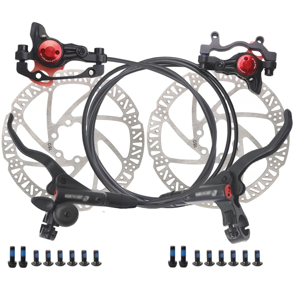 MTB-Fahrrad Hydraulische Scheibenbremsen Set mit Klingel Mountainbike Links vorne 850 mm Rechts hinten 1450 mm Bremse Aluminiumlegierung Fahrradbremse mit Bremssätteln PM/is Adapter (Color : B) von WZLMZ