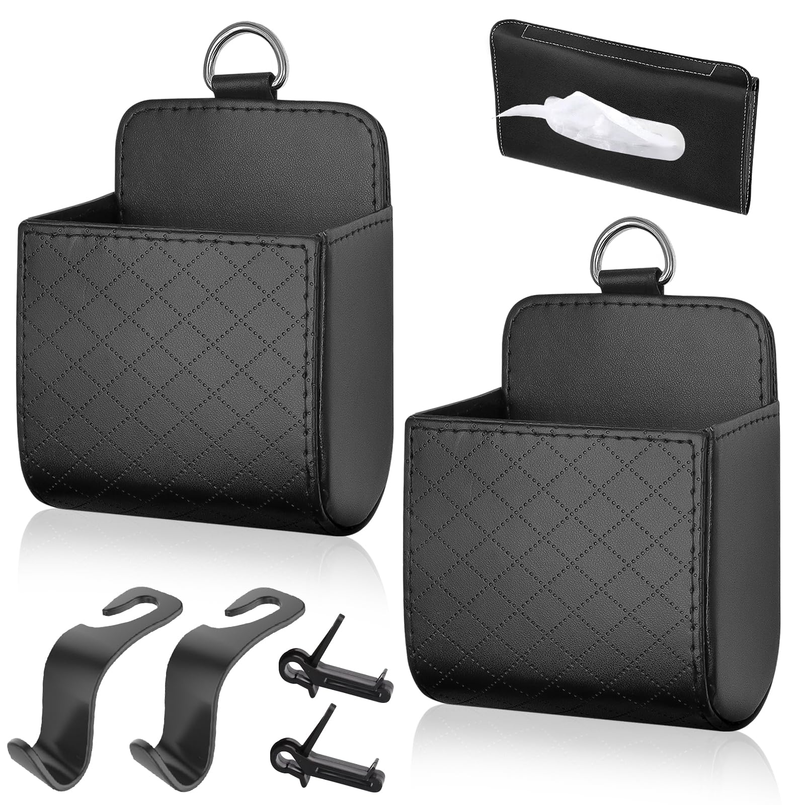 WZYTEU 2 Stk Auto Ablagefach, Leder Auto Air Vent Outlet Organizer, für Handys, Stifte, Brillen, Schlüssel, Münze, mit 1 Sonnenschirm Tissue Box & 2 Autohaken(Schwarz) von WZYTEU