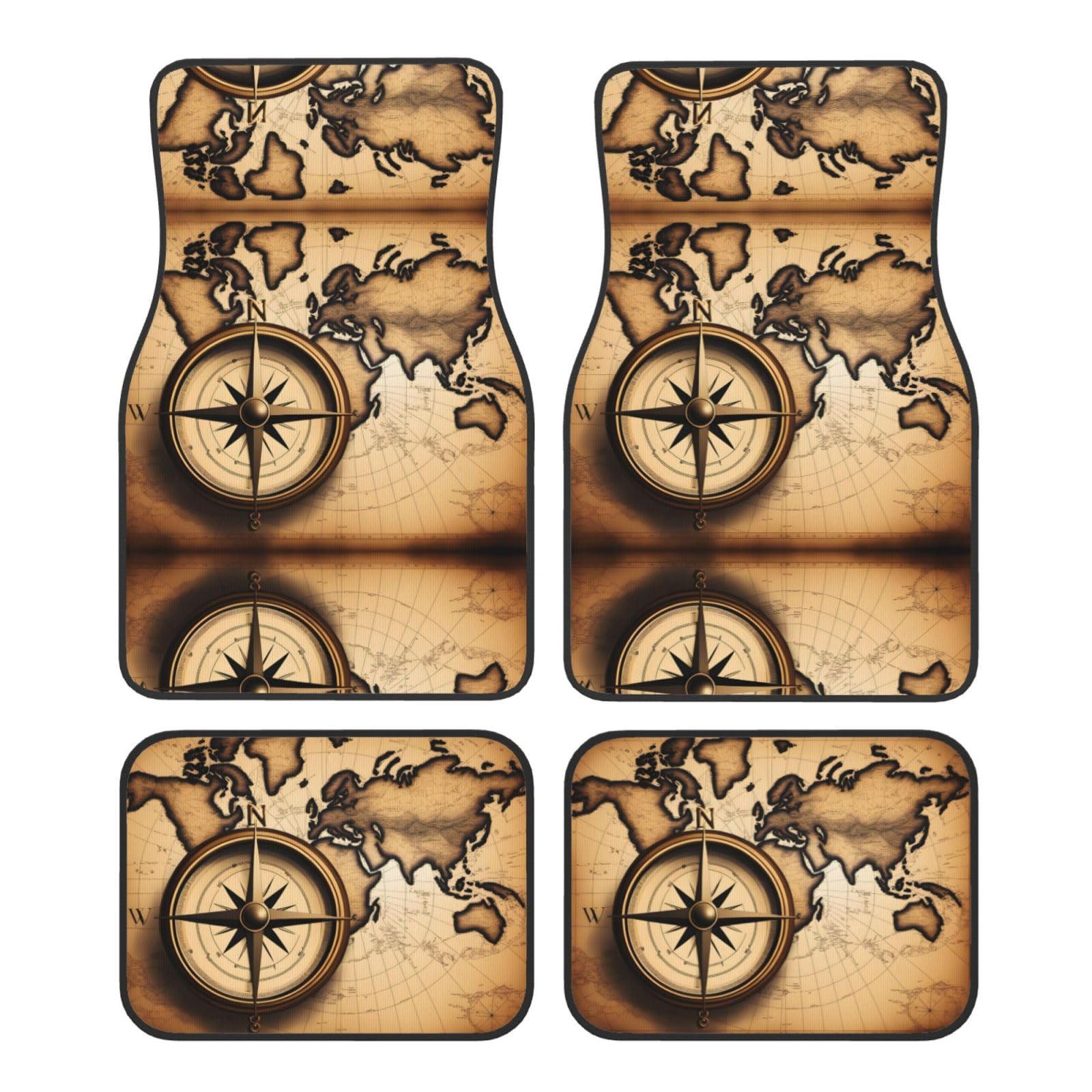 WZYWHJ Compass and Old World Map Pattern Quality Car Foot Mats Set of 4 - Durable Polyester, Easy to Clean, Anti Slip Bottom von WZYWHJ