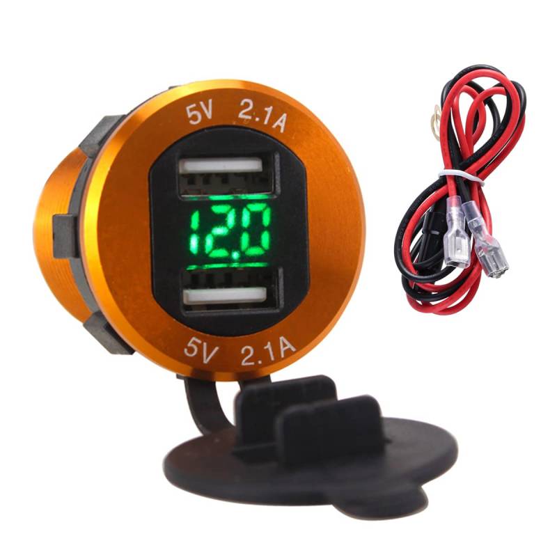 4.2A Dual USB 2.1A & 2.1A Ladegerät Buchse Wasserdichte Steckdose W/LED Voltmeter & Draht Inline 10A Sicherung für 12-24 V Auto Boot Marine Motorrad (Color : Gold Shell Green Light) von Wallfire