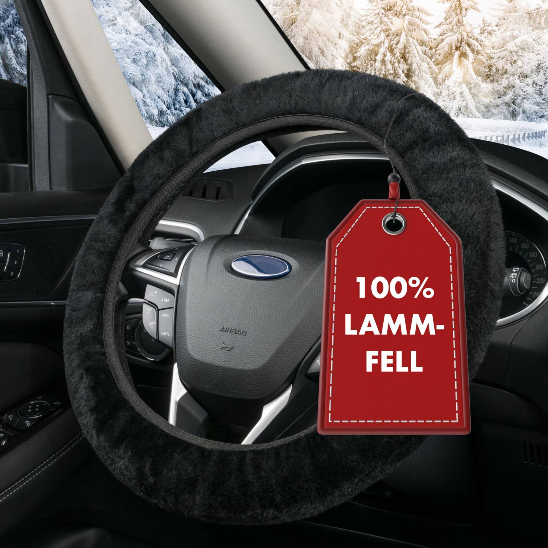 WALSER Lammfell Lenkradbezug Auto, 100% Lammfell Lenkradschutz Auto, Auto Lenkradbezug, Lenkradbezug Fell, Lenkrad Bezug, Auto Winter Zubehoer, Lenkradbezug Winter, Lenkrad Wärmer schwarz von Walser